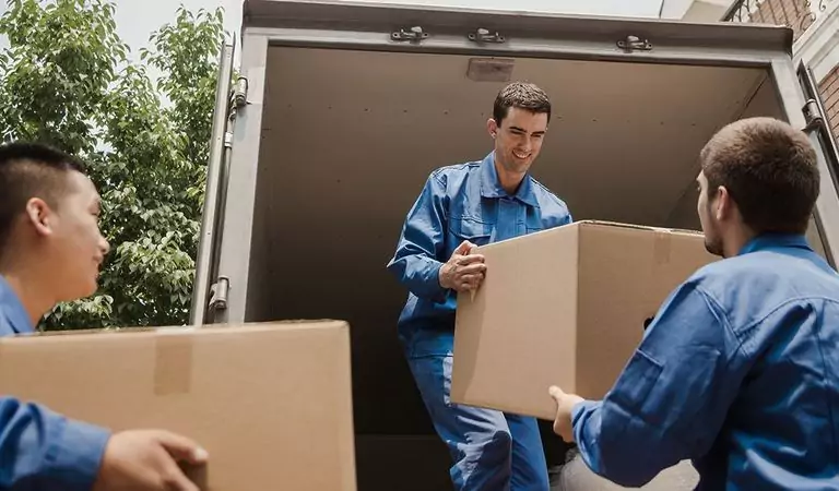 professionals loading a truck with cardboard boxes