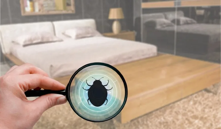 Human hand with a magnifying glass and pest bed bug